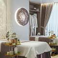 Luxury SPA Sauna Room Interior With Massage Beds Circular Decor Soft Lighting And Wooden Floors