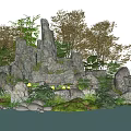 Traditional Garden Ornament With Rock Formation Stones Green Plants And Water Feature