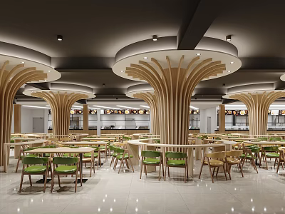 Cafeteria Interior With Wooden Structures Round Tables And Green Chairs 3d model