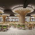 Cafeteria Interior With Wooden Structures Round Tables And Green Chairs 3d model