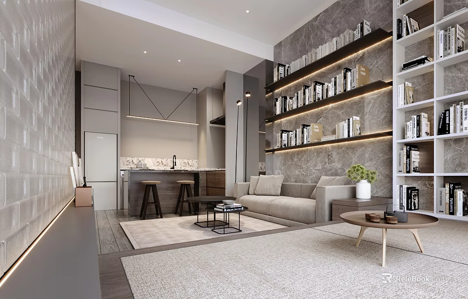 Modern Apartment Living Room With Open Layout Bookshelves Sofa And Rug 3d model 