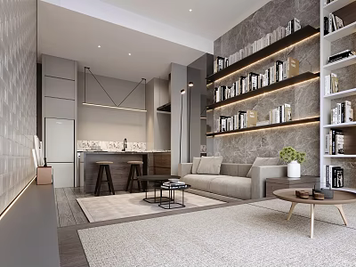 Modern Apartment Living Room With Open Layout Bookshelves Sofa And Rug 3d model