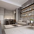 Modern Apartment Living Room With Open Layout Bookshelves Sofa And Rug