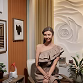 Elegant Live Stream Room With Rose Patterned Relief Wall Floor Lamp And Green Plants
