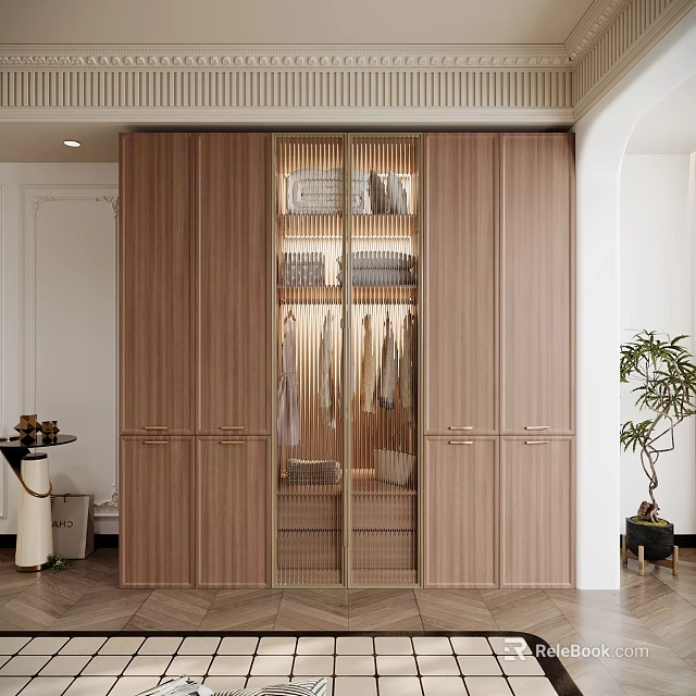 Modern Bedroom Interior Design With Wooden Wardrobe And Hanging And Folded Clothes 3d model 