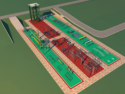Varied Outdoor Sports Equipment Playground with Climbing Frames Slides Swings and Colorful Activity Areas 3d model