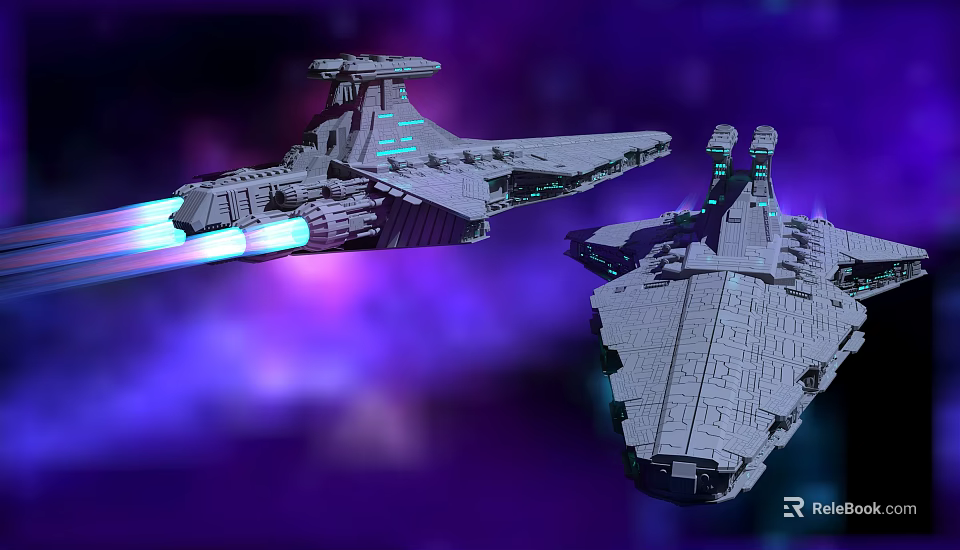Futuristic Spaceships With Glowing Engines Flying In Purple Nebula Space Background 3d model 