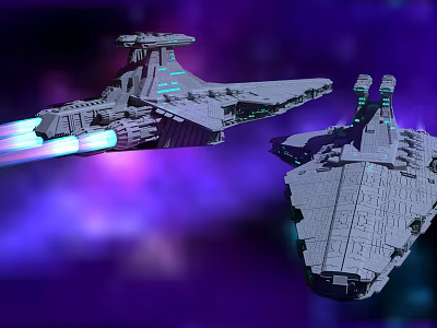 Futuristic Spaceships With Glowing Engines Flying In Purple Nebula Space Background 3d model
