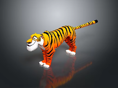 3D Cartoon Tiger Model With Orange Black Stripes White Paws Belly Friendly Expression Dark Background 3d model