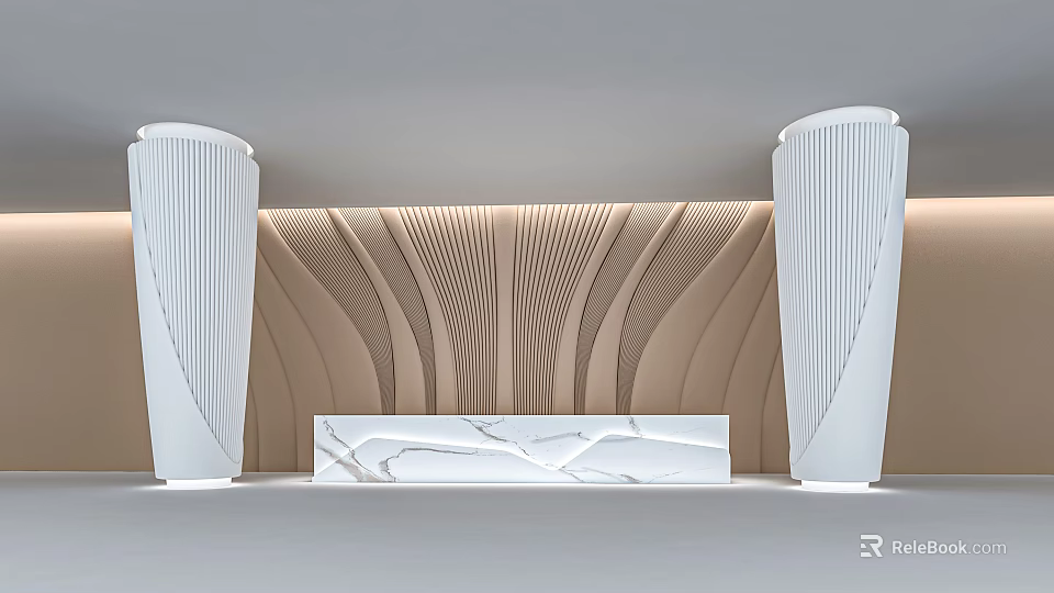 Modern Reception Desk With Marble Top And Wavy Beige Wall Design With White Columns 3d model 