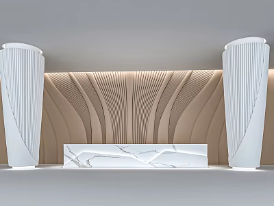 Modern Reception Desk With Marble Top And Wavy Beige Wall Design With White Columns 3d model
