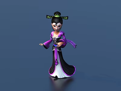 Ancient Game Movie Character In Purple Black Robe With Green Headpiece And Traditional Hairstyle 3d model