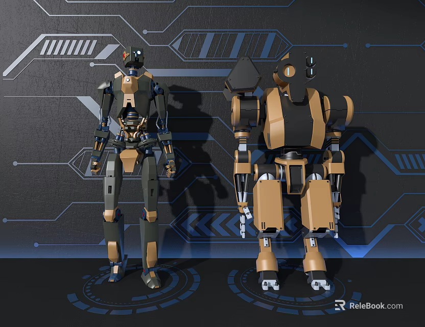 Futuristic Robot Ornament Decor Set With Mechanical Design And Tech Inspired Blue Geometric Patterns 3d model 