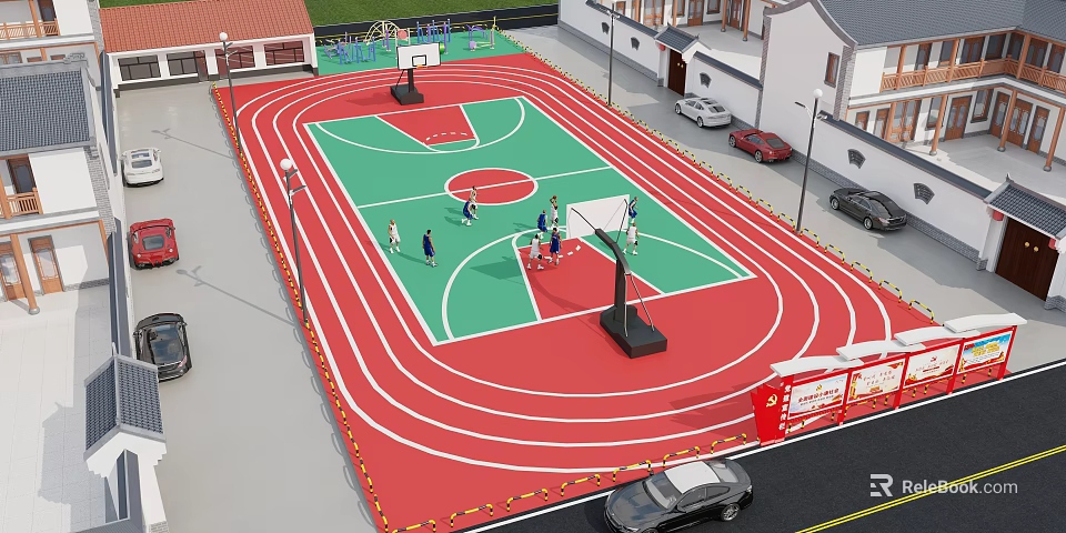 Basketball Court Featuring Red And Green Surface White Lines Track Surrounding People Playing Basketball 3d model 