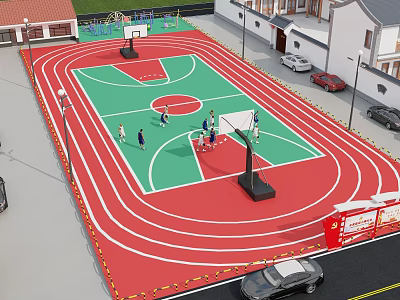 Basketball Court Featuring Red And Green Surface White Lines Track Surrounding People Playing Basketball 3d model