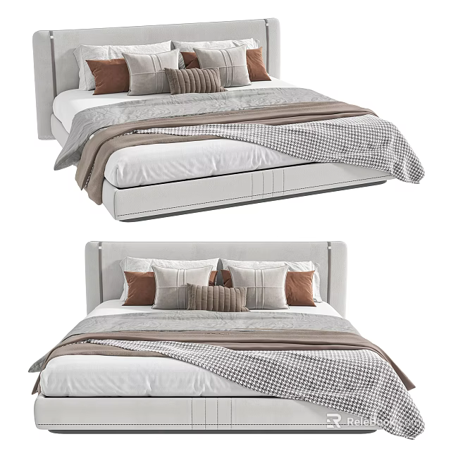 Modern Double Bed Interior With White Sheets Brown Pillows And Plaid Blanket 3d model