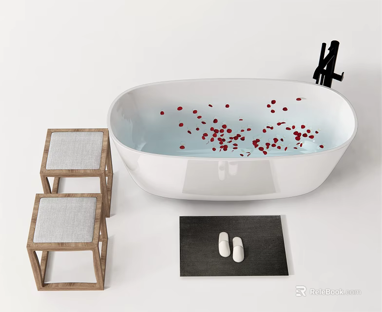 Oval White Bathtub With Red Rose Petals Wooden Stools With Cushions And Black Mat 3d model 