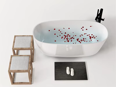 Oval White Bathtub With Red Rose Petals Wooden Stools With Cushions And Black Mat 3d model