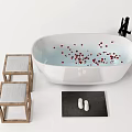 Oval White Bathtub With Red Rose Petals Wooden Stools With Cushions And Black Mat