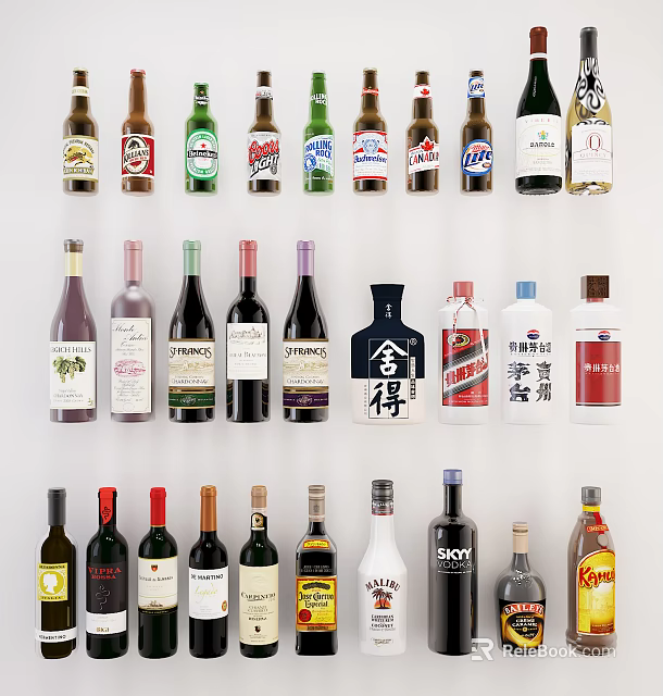 Wine Bottles and Glasses Display with Various Alcohol Types Arranged on White Background 3d model 