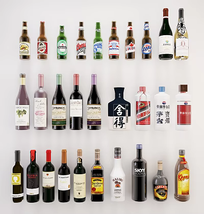 Wine Bottles and Glasses Display with Various Alcohol Types Arranged on White Background 3d model