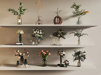 Decorative Display Of Glass Ceramic Vases With Flower Bouquets And Green Plants On White Shelves 3d model