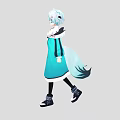 Anime Woman with Blue White Hair Cat Ears Wearing White Cropped Top Black Teal Coat