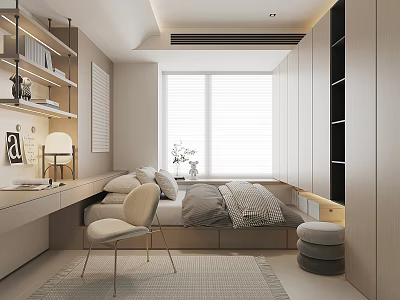 Minimalist Tatami Bedroom Interior With Tatami Bed Desk Chair Window Blinds And Rug 3d model