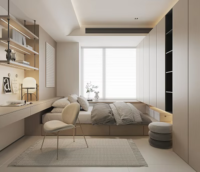 Minimalist Tatami Bedroom Interior With Tatami Bed Desk Chair Window Blinds And Rug 3d model