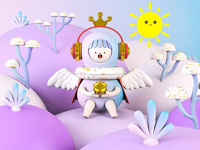 Cartoon Crown Headphones Wings Character Sitting On Purple Hills With Blue Plants Sun In Scene 3d model