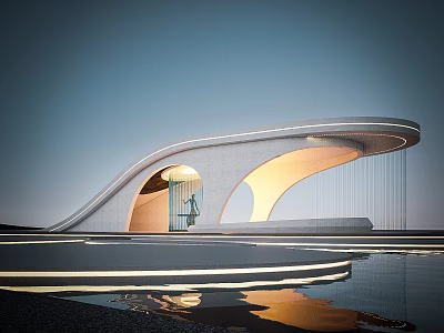 Modern Curved Pergola Design With Ambient Lighting And Water Reflection Feature 3d model