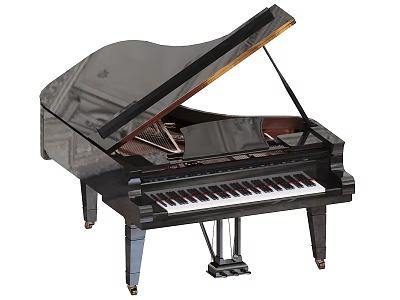 Polished Black Grand Piano Musical Instrument With Open Lid And Black White Keys 3d model