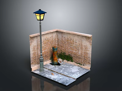 Urban Street Corner Scene With Brick Wall Street Lamp Trash Can Weeds And Stone Pavement 3d model