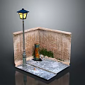 Urban Street Corner Scene With Brick Wall Street Lamp Trash Can Weeds And Stone Pavement