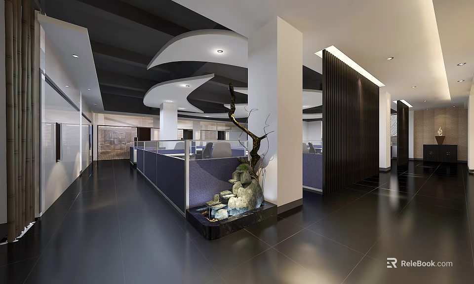 Modern Public Office Space With Curved Ceiling White Pillars And Rock Fountain 3d model 