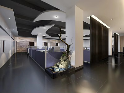 Modern Public Office Space With Curved Ceiling White Pillars And Rock Fountain 3d model