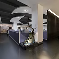 Modern Public Office Space With Curved Ceiling White Pillars And Rock Fountain