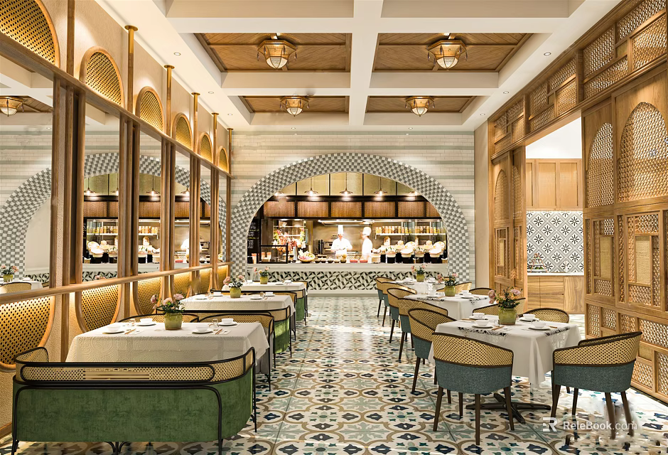 Elegant Restaurant Interior With Arched Design Wooden Decor Mirror Walls Green Seats And Colorful Tiles 3d model 
