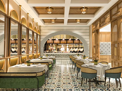 Elegant Restaurant Interior With Arched Design Wooden Decor Mirror Walls Green Seats And Colorful Tiles 3d model