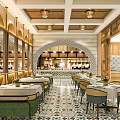 Elegant Restaurant Interior With Arched Design Wooden Decor Mirror Walls Green Seats And Colorful Tiles