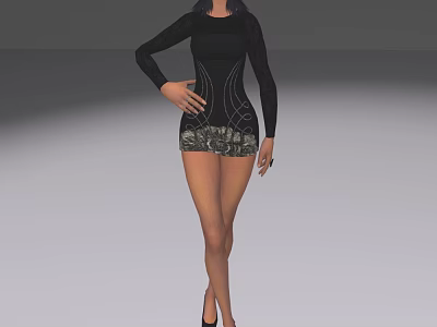 Game Movie Female Character Wearing Black Long Sleeve Top Patterned Short Skirt and High Heels 3d model