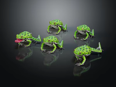 Five Green Spotted Frogs in Various Poses on Black Background with Reflections 3d model