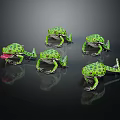 Five Green Spotted Frogs in Various Poses on Black Background with Reflections 3d model