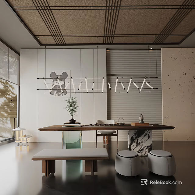 Modern Dining Table Set with Hanging Pendant Lights Green Plant Gray Stools Minimalist Background Wall 3d model 