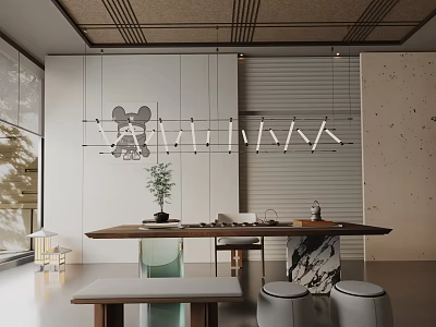 Modern Dining Table Set with Hanging Pendant Lights Green Plant Gray Stools Minimalist Background Wall 3d model
