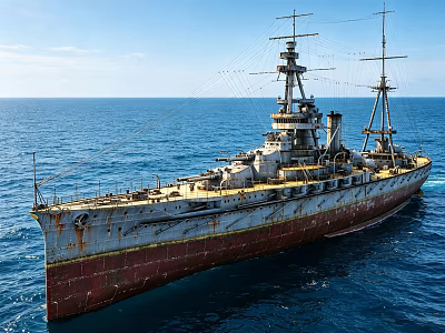 Old Rusty Warship Sailing In Blue Ocean With Superstructure Masts And Chimneys 3d model