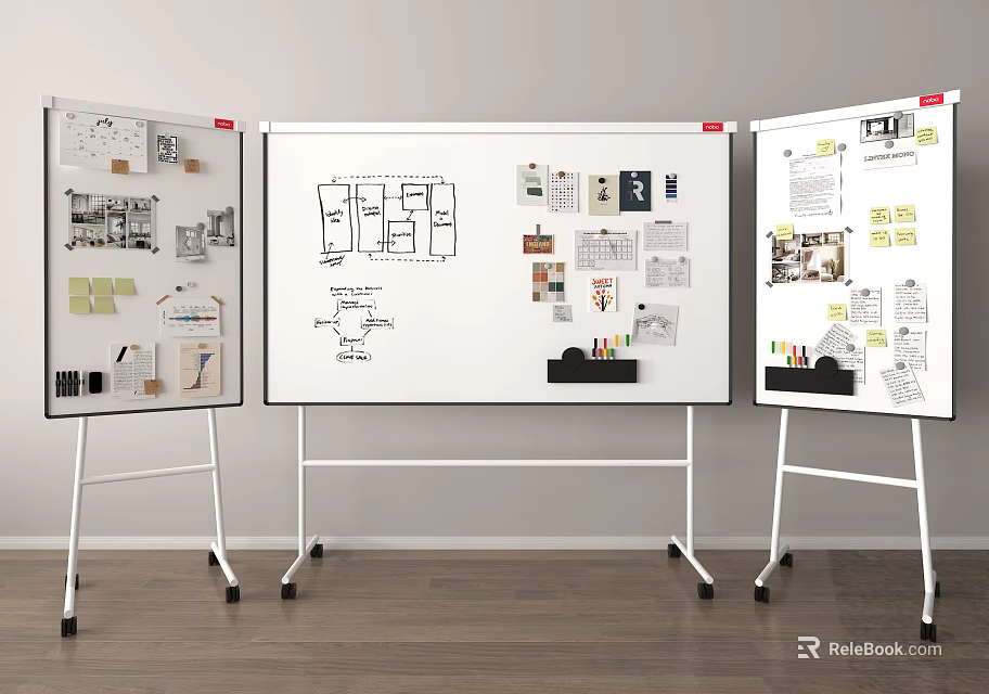 Three Whiteboards With Creative Design Project Sketches Plans Photos And Notes 3d model 