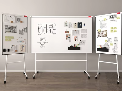 Three Whiteboards With Creative Design Project Sketches Plans Photos And Notes 3d model