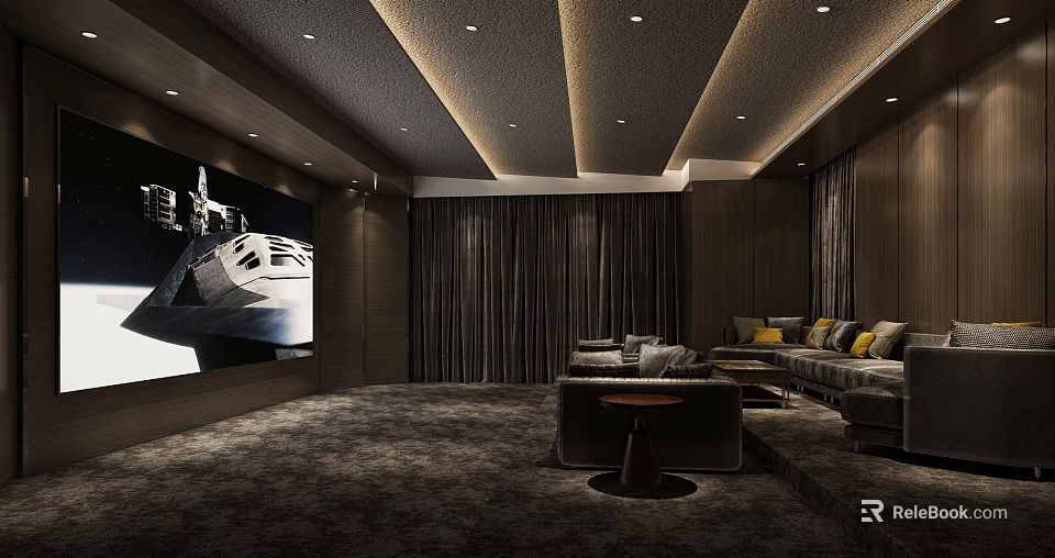 Luxury Home Theater Interior With Large Projection Screen Plush Gray Sofa And Dark Curtains 3d model 