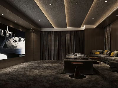 Luxury Home Theater Interior With Large Projection Screen Plush Gray Sofa And Dark Curtains 3d model